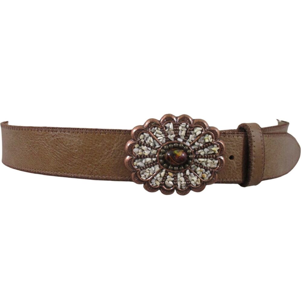 Vintage Elite Accessories Brown Boho Stone Flower Copper Buckle Belt Size L